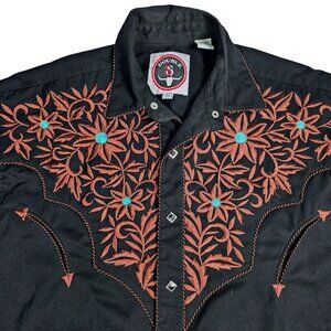 Double S Black Western Shirt L Embroidered Floral Design With Turquoise Accents,